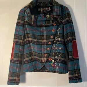 Desigual wool blend patchwork embroidered & button designer coat. Uk38 US Small
